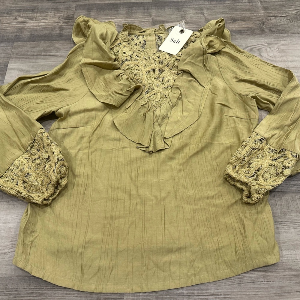 Salt Light Olive Green Lace Cottagecore Blouse